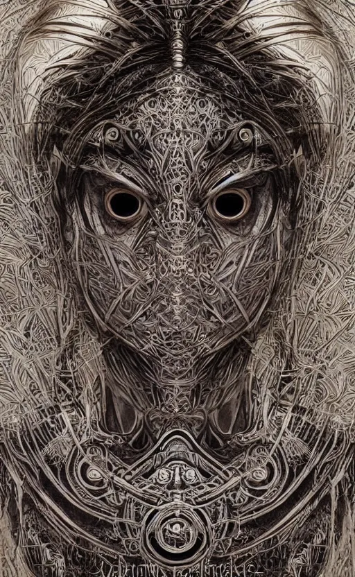 Image similar to Elder Ring themed painting of ancient hybrid majestic aztec shaman fantasy cyber human beautiful symmetrical face angry mask closeup face mask tattoo pattern golden ratio concept, deep forest psytrance Neo-Gothic concept, infinity glyph waves, intricate artwork masterpiece, very coherent artwork, cinematic, full frontal facial features by Artgerm, Takato Yamamoto, Zdizslaw Beksinski, Johnatan Wayshak, Moebius, H.R. Giger, Ayami Kojima, very coherent artwork, trending on cgsociety, ultra high quality model, production quality cinema model, high detail chromatic ink outline, octane render, unreal engine, 8k mandelbulber fractal, hyper realism, high detail, octane render, unreal engine, 8k, High contrast