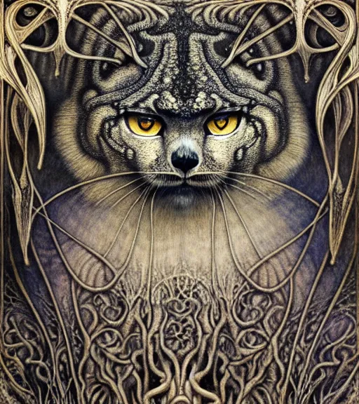 Prompt: detailed realistic beautiful manul portrait by jean delville, gustave dore, iris van herpen and marco mazzoni, art forms of nature by ernst haeckel, art nouveau, symbolist, visionary, gothic, neo - gothic, pre - raphaelite, fractal lace, intricate alien botanicals, ai biodiversity, surreality, hyperdetailed ultrasharp octane render