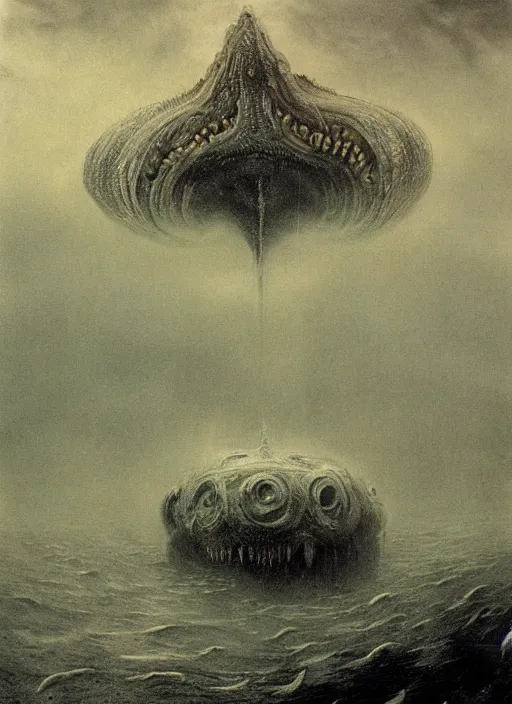 Prompt: a giant lovecraftian sea creature destroying an underwater city by beksinski