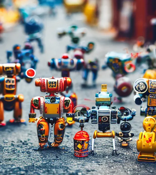 Image similar to high quality presentation photo of a a detailed miniature diorama of retro toy robots invading a detailed model of a 1950s town, photography 4k, f1.8 anamorphic, bokeh, 4k, Canon, Nikon