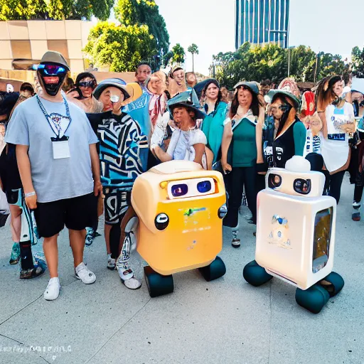 Prompt: LOS ANGELES, CA July 7 2025: Helpful Amazing Compassionate Self-Aware Robot Convention, Main Event