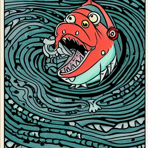 Image similar to illustration of an angler fish, in the stle of yoshi yoshitani, deep sea, large mouth filled with pointed teeth, stylized linework, ornamentation, artistic, color