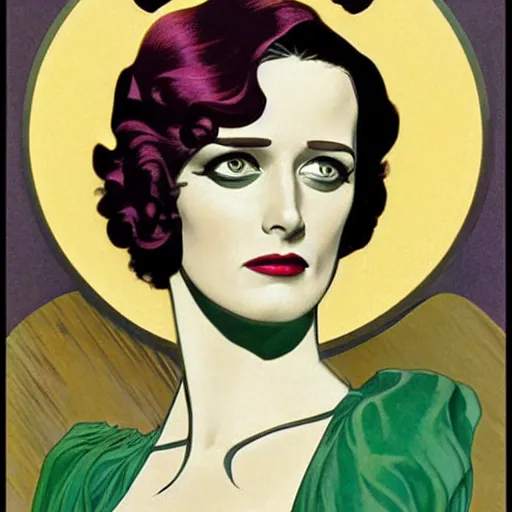 Image similar to Eva Green is Metamorpho, the Element Woman, Art by Coles Phillips, Chalk white skin, deep purple hair, Green eyes, Portrait of the actress, Eva Green as Metamorpho, geometric art, art deco, Alphonse Mucha, Vasily Kandinsky, carbon black and antique gold