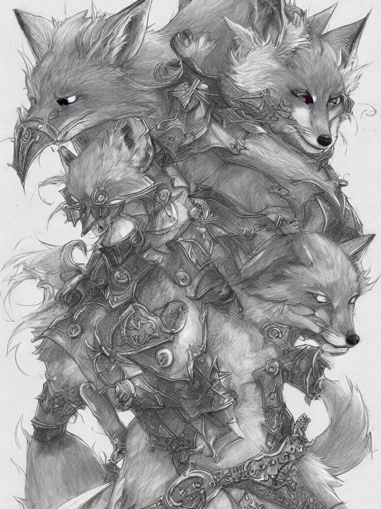 Image similar to heroic character design of anthropomorphic fox, whimsical fox, portrait, holy crusader medieval, final fantasy tactics character design, character art, whimsical, lighthearted, colorized pencil sketch, highly detailed, Akihiko Yoshida