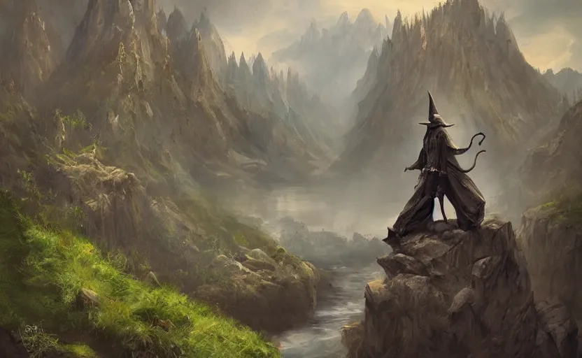 Image similar to A large statue of a wizard guarding a river valley, landscape art, concept art, intense