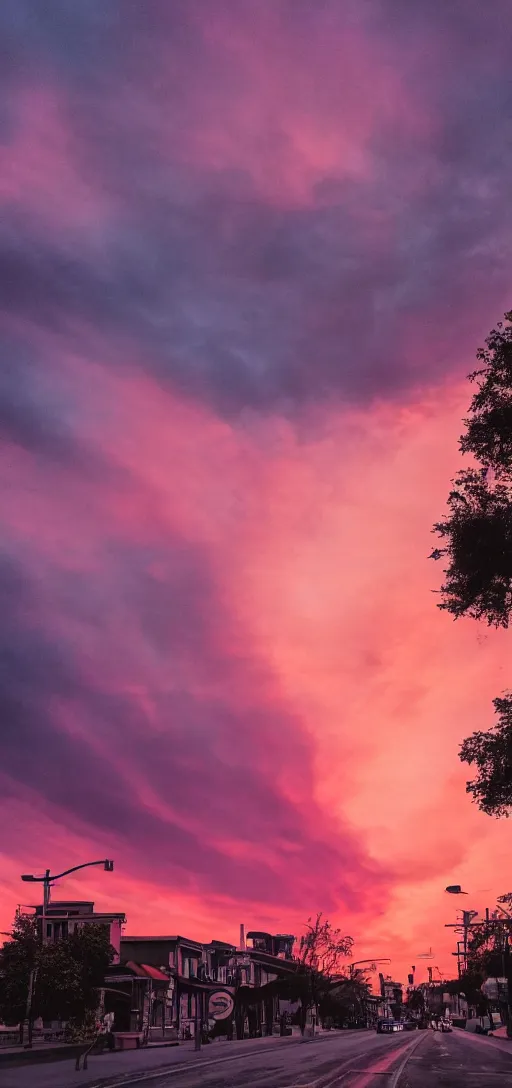 Image similar to a street photograph, pink sunset, dramatic lighting
