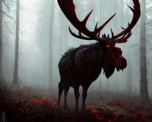 Image similar to 5 5 mm close up portrait photo of an armored demonic burning moose with red eyes and antlers and looking at the camera, in a magical forest. dark atmosphere. art by greg rutkowski and luis royo. highly detailed 8 k. intricate. lifelike. soft light. nikon d 8 5 0.