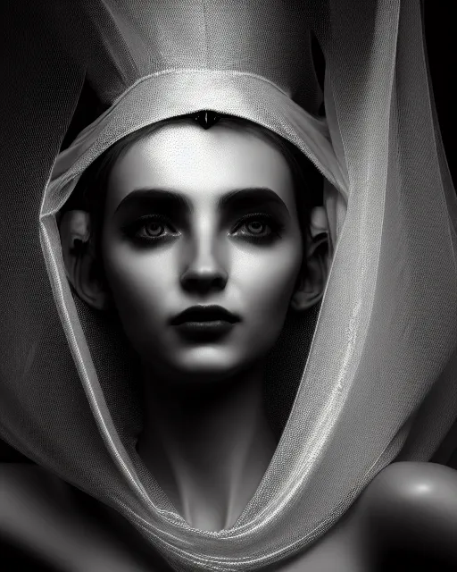 Image similar to surreal mythical dreamy dark artistic black and white fine art 3 / 4 fashion portrait photo of a young beautiful delicate female robot - witch, rim light, cinematic, studio dramatic light, poetic, masterpiece, octane render, 8 k, photo - realistic by gustave dore william black