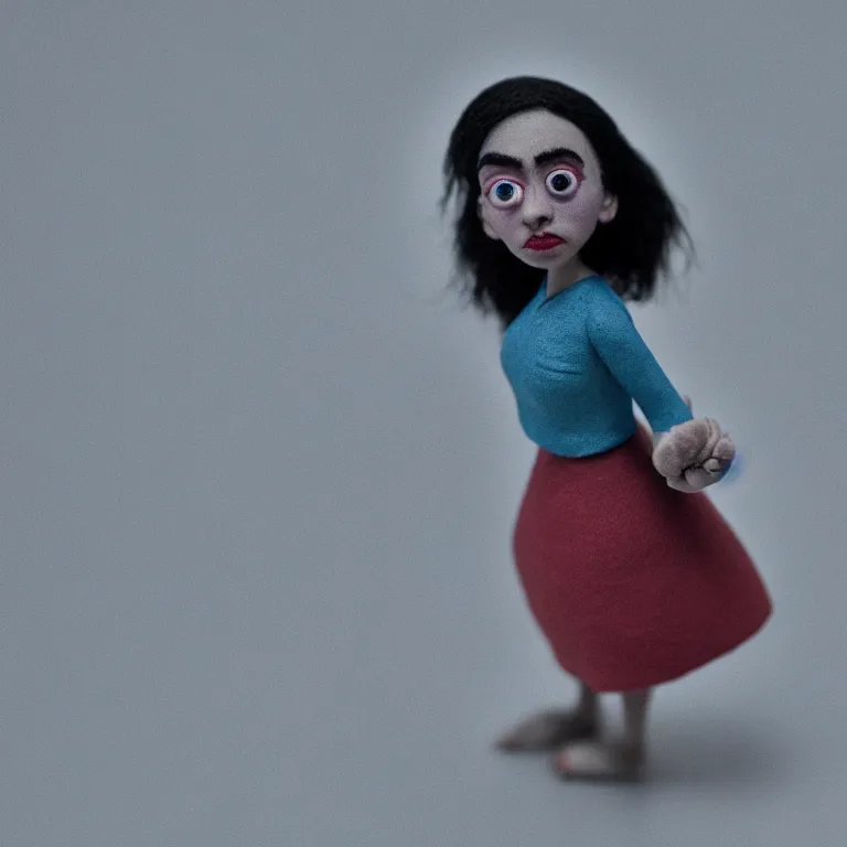 Image similar to a cinematic film still of a claymation stop motion film starring billy eilish, shallow depth of field, 8 0 mm, f 1. 8