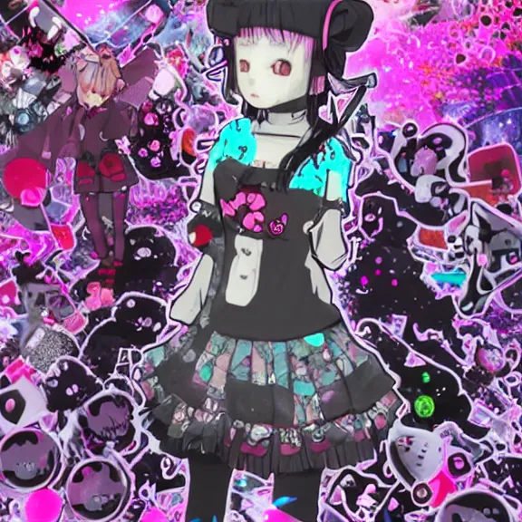 Image similar to sanrio glitchcore yokai girl, shadowverse character concept, found footage horror, glitter gif | Fatalistic (Bleak, Gloomy) | d anime decora gyaru kawaii fashion model, v tuber, darling in the frank,asuka, anime best girl, with glitch and scribble effects, psychedelic colors, 3d render octane, by wlop, wenjr, beeple, artstation,imaginefx