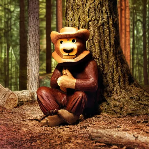 Image similar to UHD canndid photo of Smokey The Bear in the woods, sitting on the potty, by Annie leibowitz, photorealisitc, extremely detailed