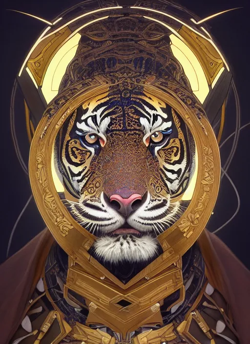 Image similar to symmetry!! portrait of a hybrid robot tiger, midsommar style, intricate, elegant, highly detailed, digital painting, artstation, concept art, smooth, sharp focus, illustration, art by artgerm and greg rutkowski and alphonse mucha, 8 k