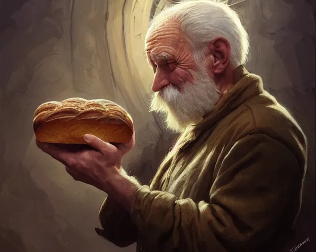 Image similar to an old man taking a selfie with a loaf of bread, deep focus, d & d, fantasy, intricate, elegant, highly detailed, digital painting, artstation, concept art, matte, sharp focus, illustration, hearthstone, art by artgerm and greg rutkowski and alphonse mucha