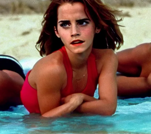 Prompt: color still shot of emma watson on baywatch 1 9 8 9 tv show, running, face closeup,