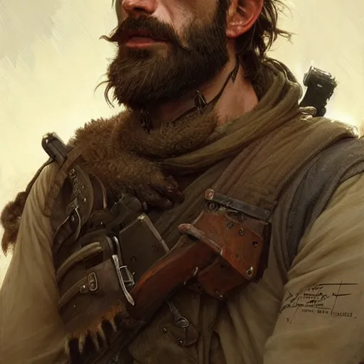 Image similar to portrait of a rugged ranger, full body, hairy torso, D&D, fantasy, intricate, elegant, highly detailed, digital painting, artstation, concept art, matte, sharp focus, illustration, art by Artgerm and Greg Rutkowski and Alphonse Mucha