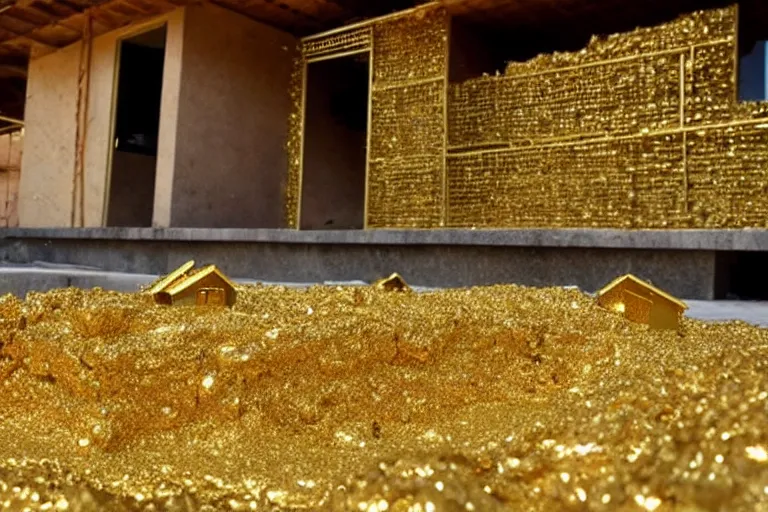 Image similar to a house, under construction, made of gold, with piles of money around it