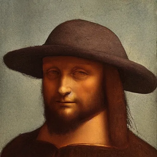 Image similar to an oil painting of a man in a hat, leonardo da vinci style,