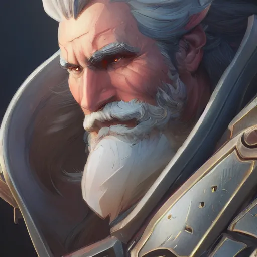 Image similar to Closeup of Reinhardt from Overwatch, D&D, fantasy, intricate, elegant, highly detailed, digital painting, artstation, concept art, matte, sharp focus, illustration, hearthstone, art by Artgerm and Greg Rutkowski and Alphonse Mucha