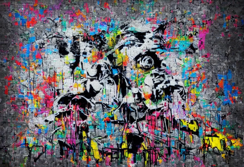 Image similar to full color banksy graffiti anti art, rage against the status quo, detailed, realistic, glitch art effect