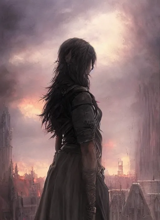Image similar to a teenage girl with short dark hair and a tattered grey cloak. she stands on top of a building in a gothic fantasy city. the sky has a red glow and ash is falling. beautiful painting by artgerm and greg rutkowski