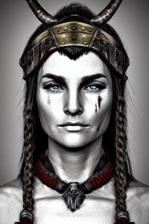 Prompt: head and shoulders portrait of a barbarian, female, high fantasy, d & d, face details
