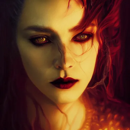 Image similar to majestic gracious regal aristocratic female vampire portrait, atmospheric lighting, painted, ravenous, tempestuous, menacing, intricate, volumetric lighting, beautiful, rich deep colours masterpiece, golden hour, sharp focus, ultra detailed, by leesha hannigan, ross tran, thierry doizon, kai carpenter, ignacio fernandez rios