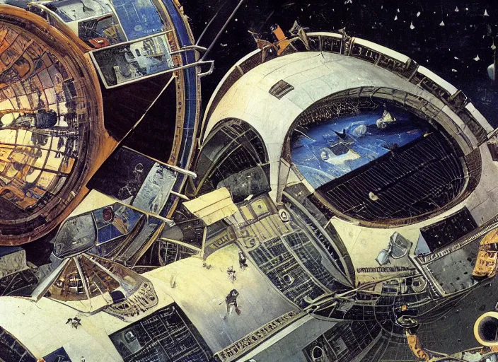 Prompt: an intricately detailed space station colony Hieronymus Bosch and Syd Mead