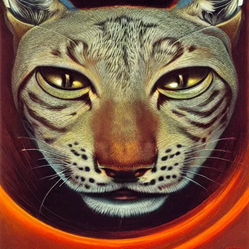 Image similar to giant distorted lynx cat looming over the horizon of a broken earth, perfectly clear face, by j. c. leyendecker and beksinski