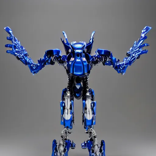 Image similar to shark themed sapphire mechanical exoskeleton wearing hardsurface armour, inlaid with gold rococo, bladed wings lace wear, sculpted spider zero, frank gehry, stephan martiniere, missle turrets, hyper detailed, custom mecha # frank gehry # spider zero