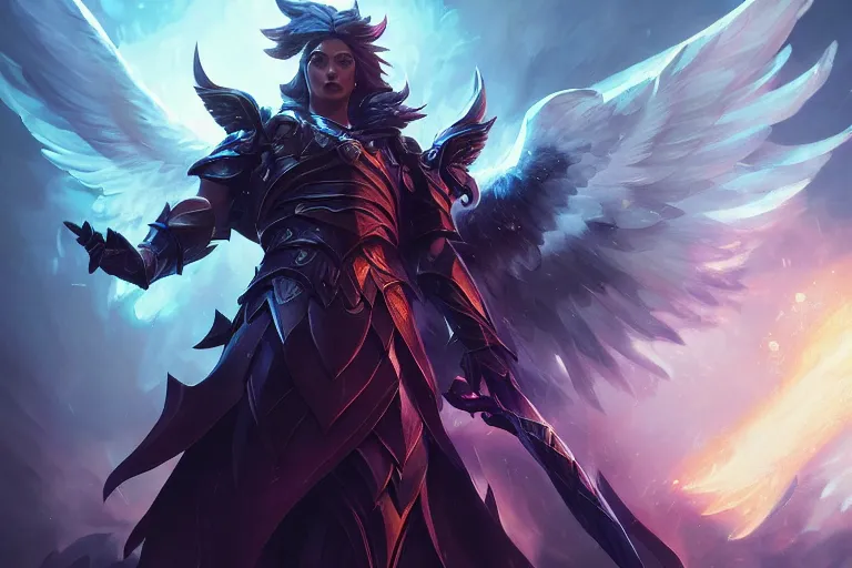 Image similar to amazing portrait of archangel micheal, league of legends splash art, deiv calviz, splash art, natural light, elegant, intricate, fantasy, atmospheric lighting, by greg rutkowski, league of legends splash art, hd wallpaper, ultra high details