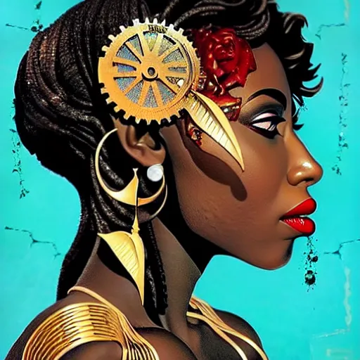 Image similar to side profile of a black woman :: in ocean :: clockwork details :: gold :: blood and horror :: by vikings and Sandra Chevrier