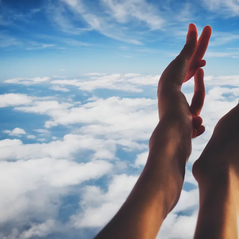 Prompt: a person holding hands with a friend while flying high in the sky, windy