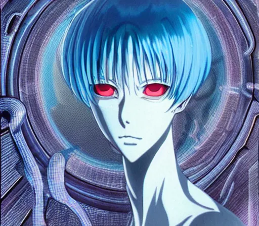 Image similar to female anime character Rei Ayanami cyborg in_the_center_giygas_epcotinside_a_space_station_eye_of_providence_Beksinski_Finnian_vivid_HR_Giger_to_eye