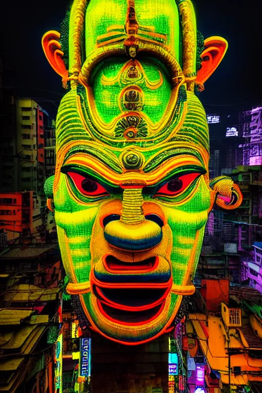 Prompt: high quality photo hyperrealistic cyberpunk hanuman head building, neon yellow madhubani, highly detailed, in sci - fi mumbai, cinematic smooth, liam wong, moody light, low angle, uhd 8 k, sharp focus