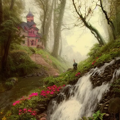 Image similar to candy mountain, ornate, beautiful, atmosphere, vibe, mist, smoke, fire, chimney, rain, wet, pristine, puddles, melting, dripping, snow, creek, lush, ice, bridge, green, forest, roses, flowers, by stanley artgerm lau, greg rutkowski, thomas kindkade, alphonse mucha, loish, norman rockwell