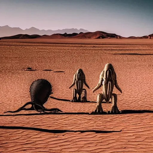 Image similar to 🐙 🐋 🦑🤖🦖🐙 👽 🐳 in desert, photography