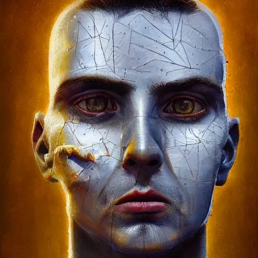 Prompt: surreal portrait of a man by Greg Rutkowski, symmetrical face, he is about 30 years old, short black hair with bangs, his features are a mix between French, Turkish and Russian, transformed into a kind of biomechanical transhuman god, uncany but fascinating, expression of epiphany and determination, cosmic void background, frightening, fascinating, highly detailed portrait, digital painting, book cover, artstation, concept art, smooth, sharp foccus ilustration, Artstation HQ