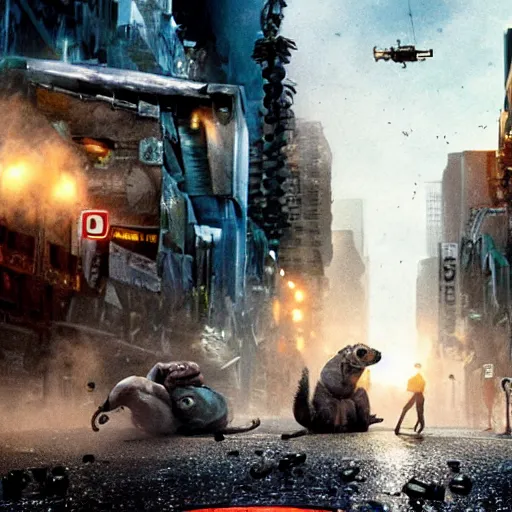 Image similar to a movie by James Cameron showing a gritty, futuristic street being swarmed by rabies infected cybernetic rats.