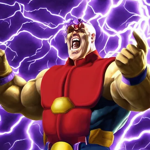 Image similar to M. Bison laughing with big white smile, full body portrait, surrounded by purple lightning, highly detailed painting, concept art