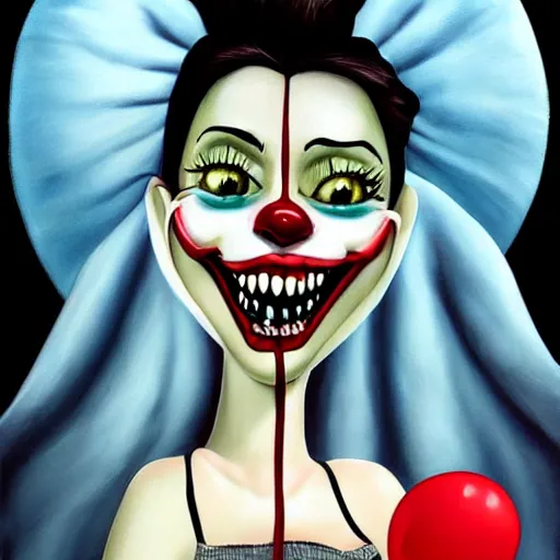 Image similar to grunge cartoon painting of kylie jenner with a wide smile and a red balloon by chris leib, loony toons style, pennywise style, corpse bride style, horror theme, detailed, elegant, intricate