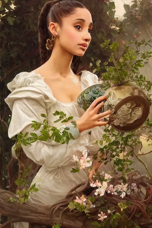 Image similar to beautiful cottagecore Ariana Grande holding a skin colored vase. intricate, elegant. the background is made of human bodies !. highly detailed, digital painting, artstation, concept art, smooth, sharp, focus, illustration. . art by artgerm and greg rutkowski and alphonse mucha