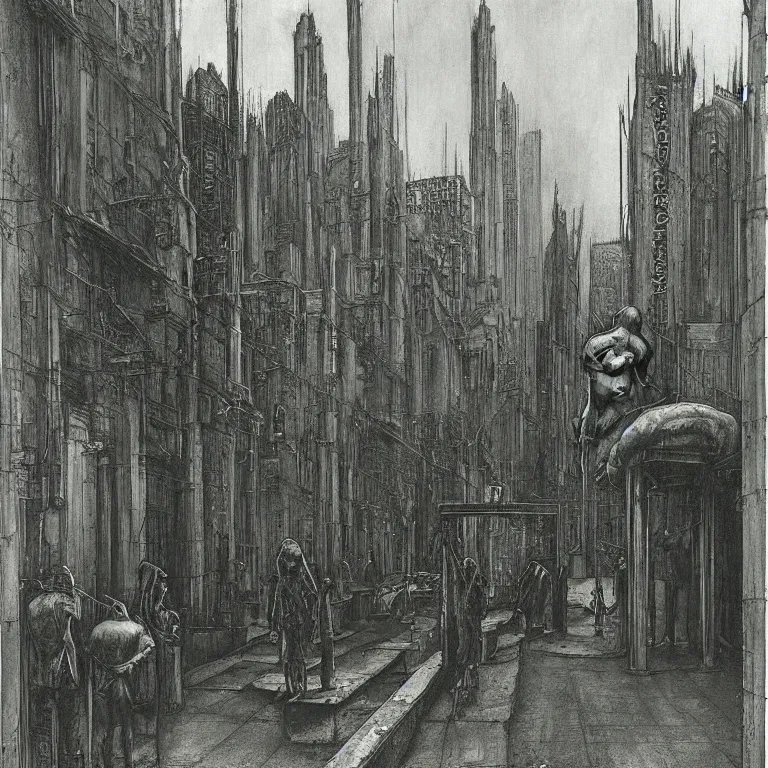 Prompt: some people waiting in a lone bus stop in qiet dark city, by H.R. Giger and Zdizslaw Beksinski