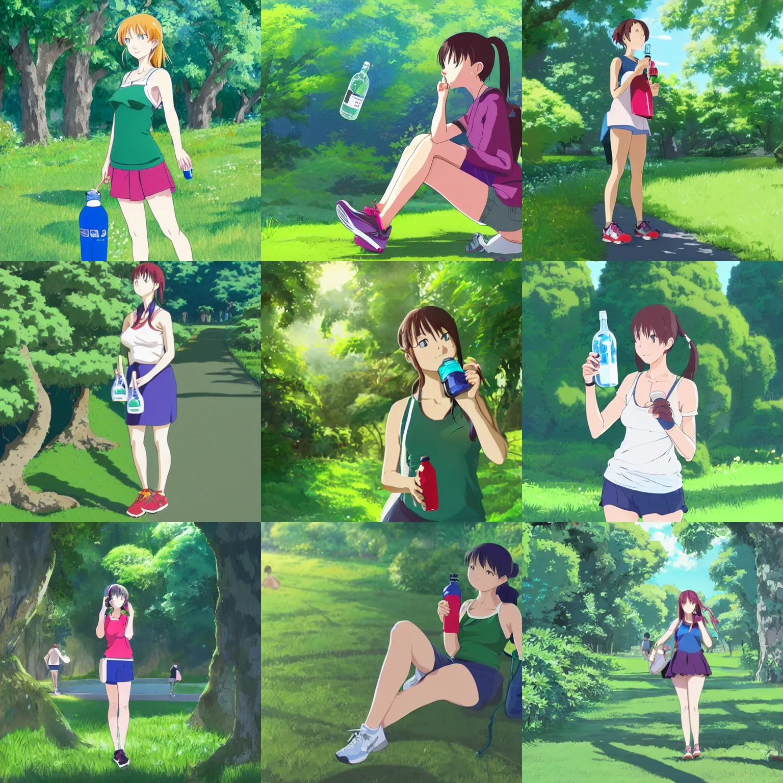 Prompt: Full body portrait of a woman wearing sportswear drinking from a water bottle in a lush green park, detailed, artstation, by Kyoto Animation and Studio Ghibli and GAINAX