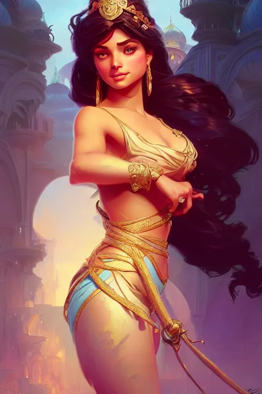 Image similar to Princess Jasmine, fantasy, intricate, elegant, highly detailed, digital painting, artstation, concept art, matte, sharp focus, illustration, art by Artgerm and Greg Rutkowski and Alphonse Mucha