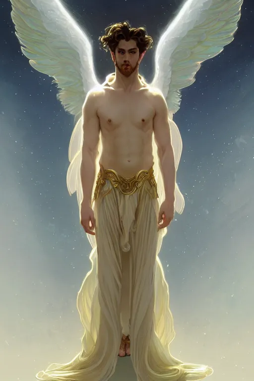 Prompt: full figure beautiful young fit male angel with curly blond hairs, dressed with fluent clothes, majestic wings, luminous halo, no feet, by greg rutkowski and alphonse mucha, d & d character, gradient white to gold, in front of an iridescent background, highly detailed portrait, digital painting, artstation, concept art, smooth, sharp focus illustration, artstation hq