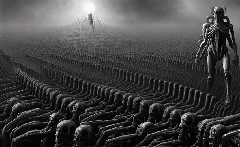 Image similar to cyborg army invading hell by hr giger and zdzisław beksinski, fine details, digital art, volumetric lighting, cinematic light, photorealistic