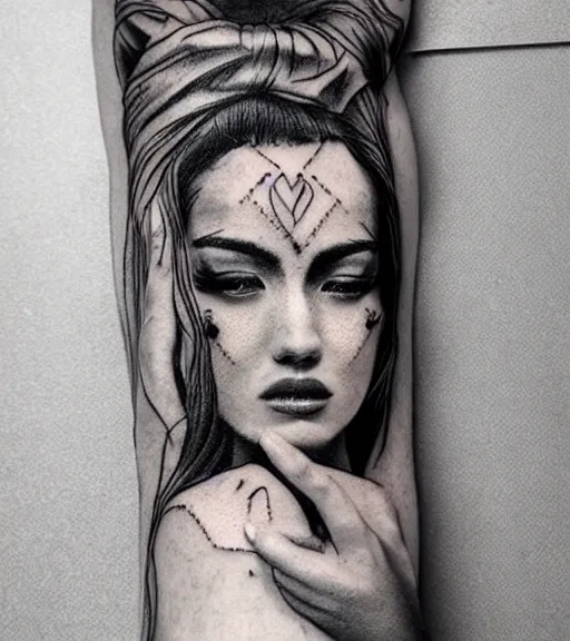 Image similar to amazing blend effect of beautiful mountain scenery with a beautiful woman face, tattoo design sketch, hyper - realistic, in the style of matteo pasqualin, amazing detail, black and white