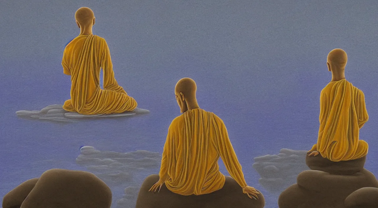 Image similar to alex grey painted style a lonely silhouette of a meditating monk sitting in the fog on a stone protruding from the water in the rays of the morning sun