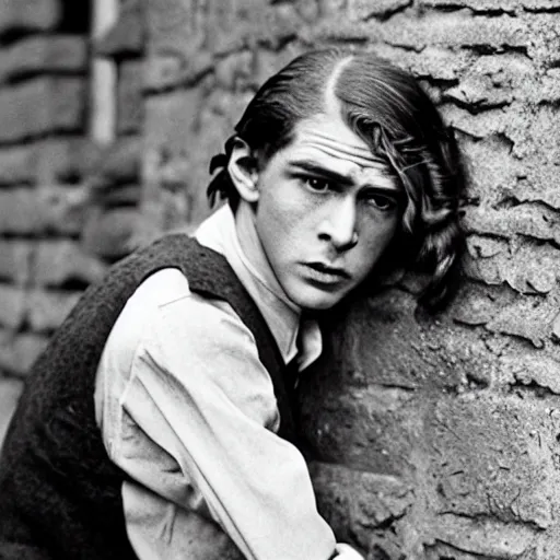 Prompt: Still of a movie set in the 1930s where a terrified young man with long hair is cornered against a stone wall. He is looking utterly panicked and distressed