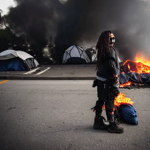 Image similar to Candid extreme wide shot of a poor techwear mixed woman with tattoos outside of a futuristic Los Angeles on fire, homeless tents on the side of the road, military police, cyberpunk, 4k, extreme long shot, desaturated, full shot, action shot, blurry, sigma 85mm f/1.4, high resolution, 4k, 8k, hd, full color